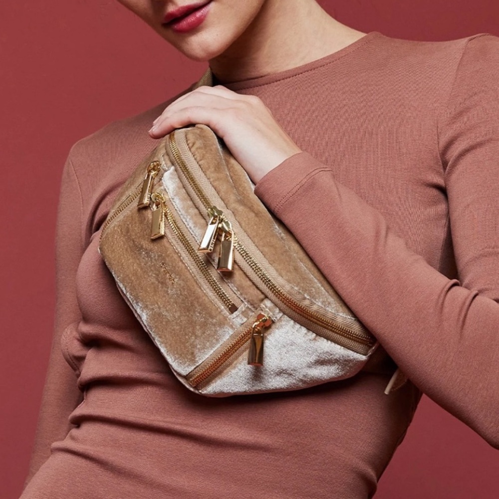 Nwt Free People + Caraa Velvet Sling Fanny Pack bag in Fawn (Tan)